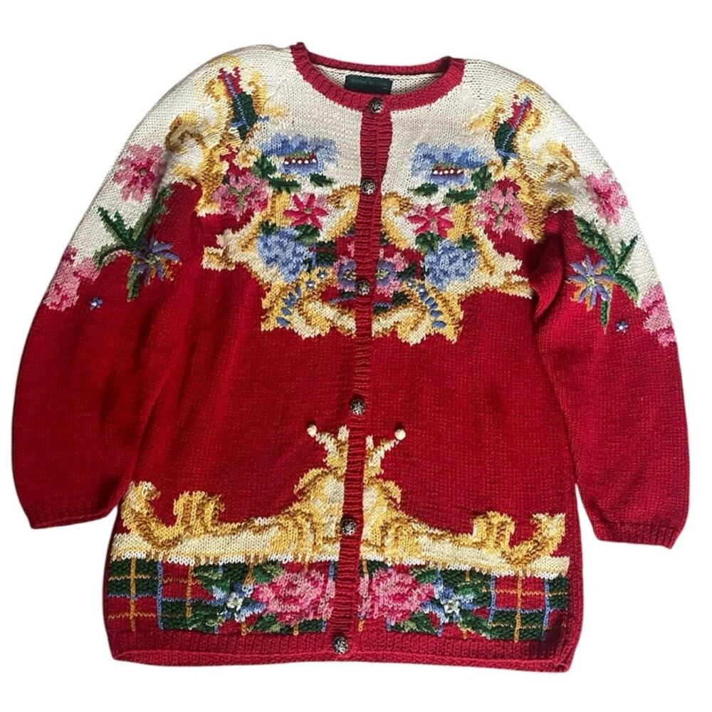 Cullinane Hand Knit Floral Cardigan Vintage Red Multi Graphic Sweater Large